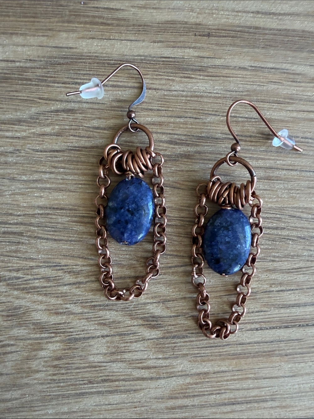 HAND CRAFTED LAPIS LAZULI & COPPER CHAIN DANGLE EARRINGS Boho Gemstone Jewelry - Picture 7 of 9